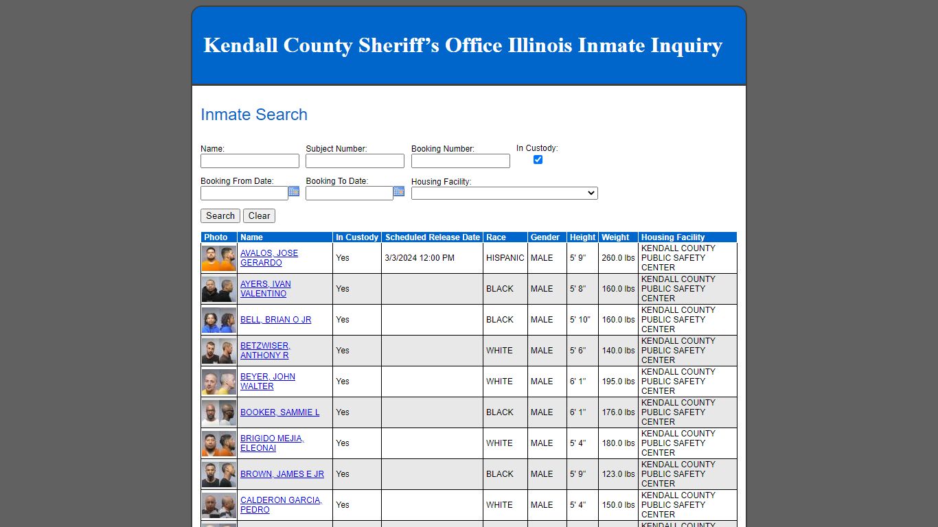 Kendall County Sheriff’s Office Illinois Inmate Inquiry - Inmate Search