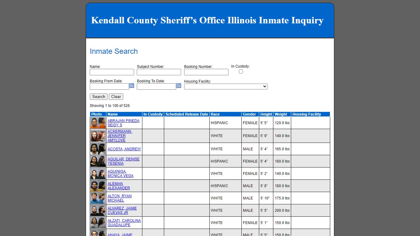 Kendall County Sheriff’s Office Illinois Inmate Inquiry - Inmate Search
