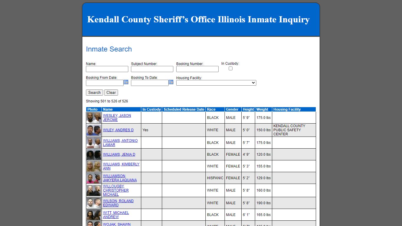 Kendall County Sheriff’s Office Illinois Inmate Inquiry - Inmate Search